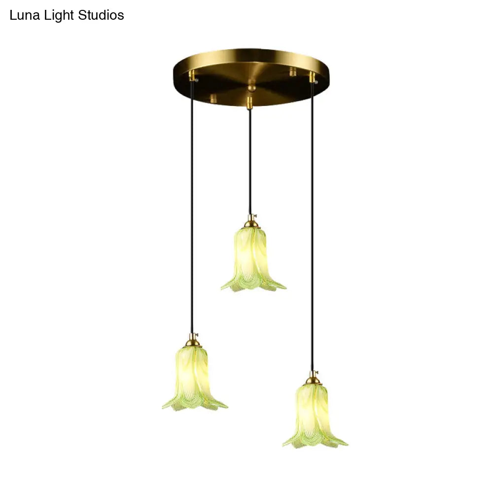 Pastoral Lily Cluster Pendant: White/Green/Purple Glass Led Ceiling Fixture For Foyer