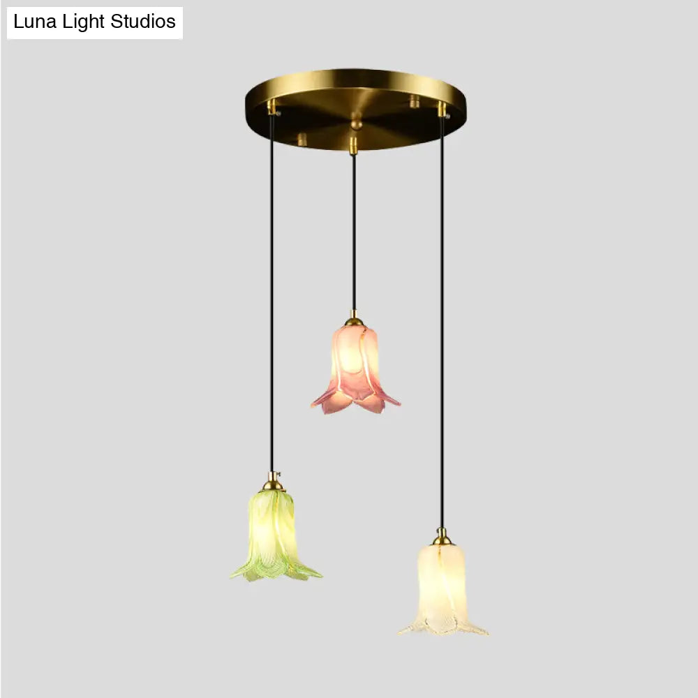 Pastoral Lily Cluster Pendant: White/Green/Purple Glass Led Ceiling Fixture For Foyer