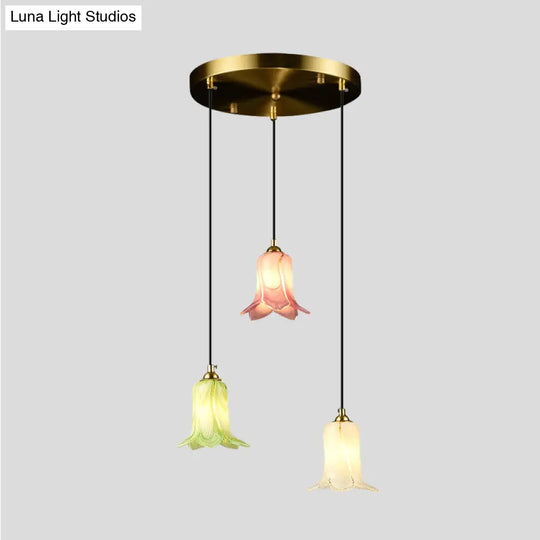 Pastoral Lily Cluster Pendant: White/Green/Purple Glass Led Ceiling Fixture For Foyer