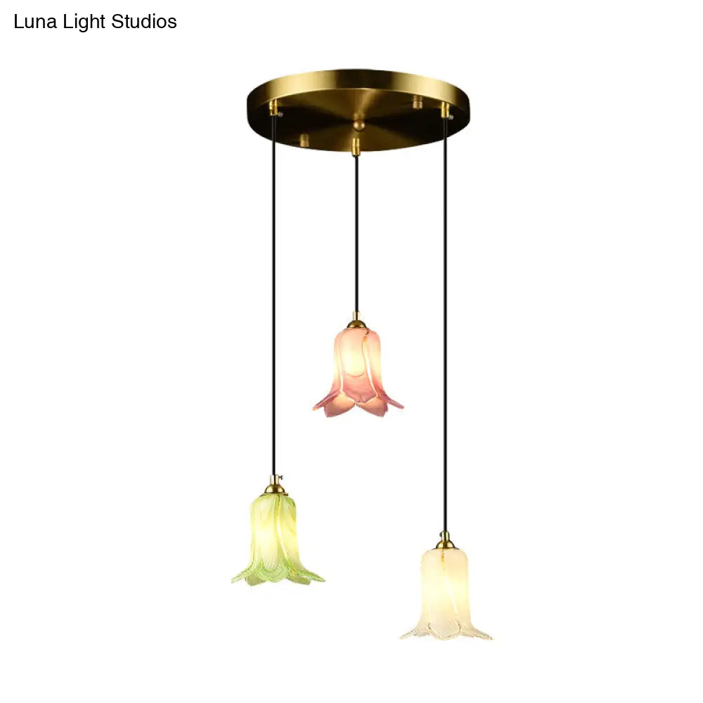 Pastoral Lily Cluster Pendant: White/Green/Purple Glass Led Ceiling Fixture For Foyer