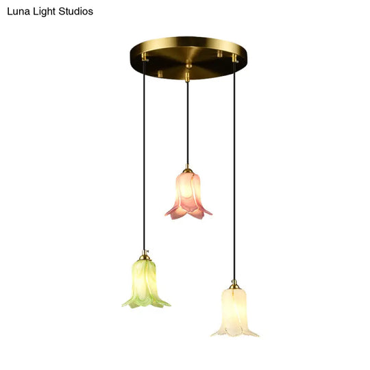 Pastoral Lily Cluster Pendant: White/Green/Purple Glass Led Ceiling Fixture For Foyer