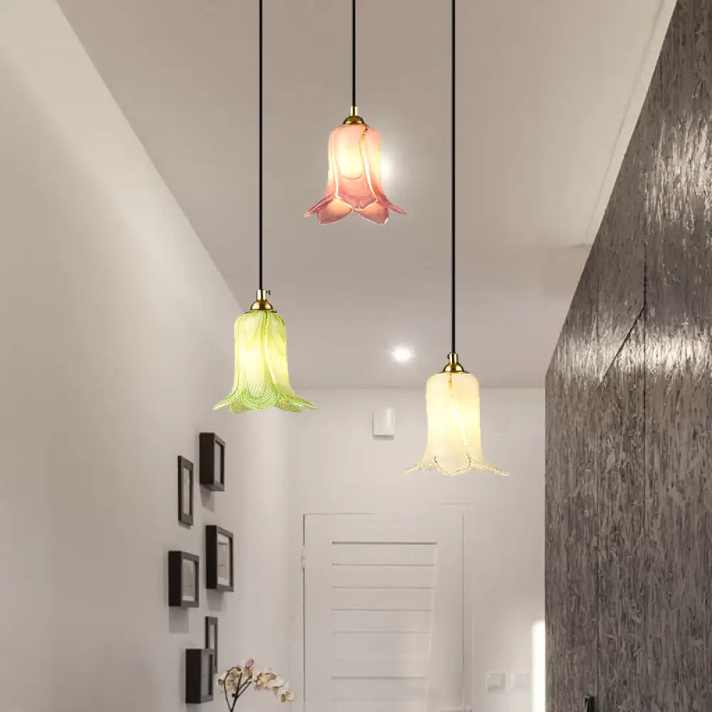 Pastoral Lily Cluster Pendant: White/Green/Purple Glass Led Ceiling Fixture For Foyer