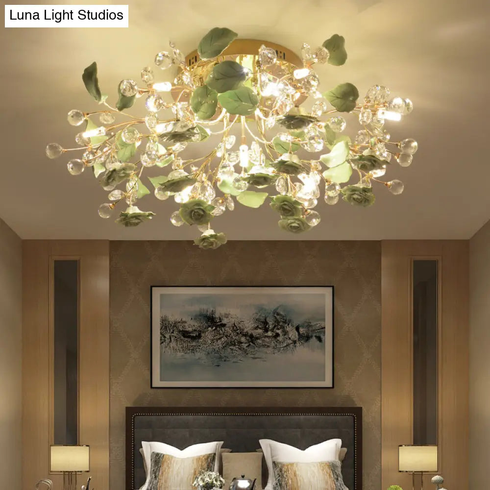 Pastoral Living Room Rose Ceramic Semi-Flush Ceiling Light With Decorative Crystal Accents 7 / Green