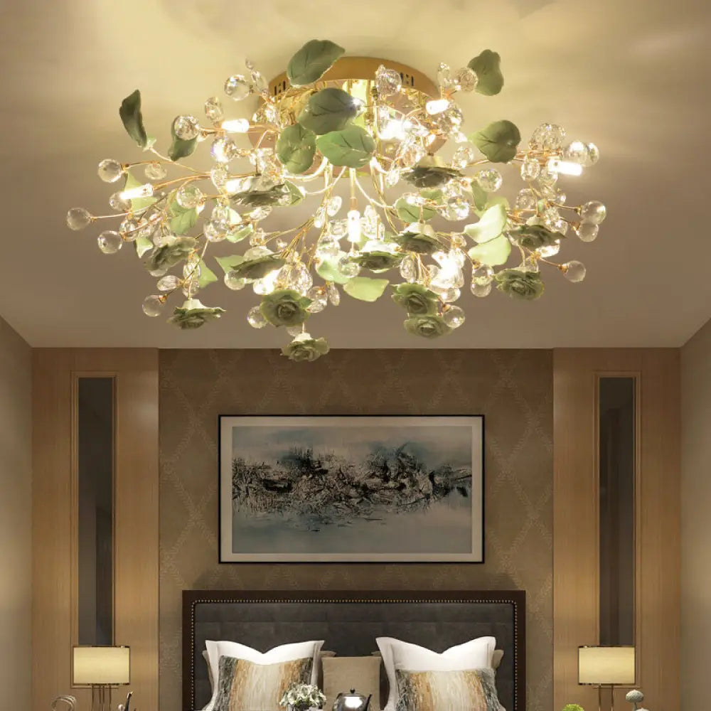 Pastoral Living Room Rose Ceramic Semi - Flush Ceiling Light With Decorative Crystal Accents 7 /