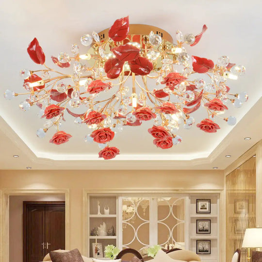 Pastoral Living Room Rose Ceramic Semi - Flush Ceiling Light With Decorative Crystal Accents 7 / Red