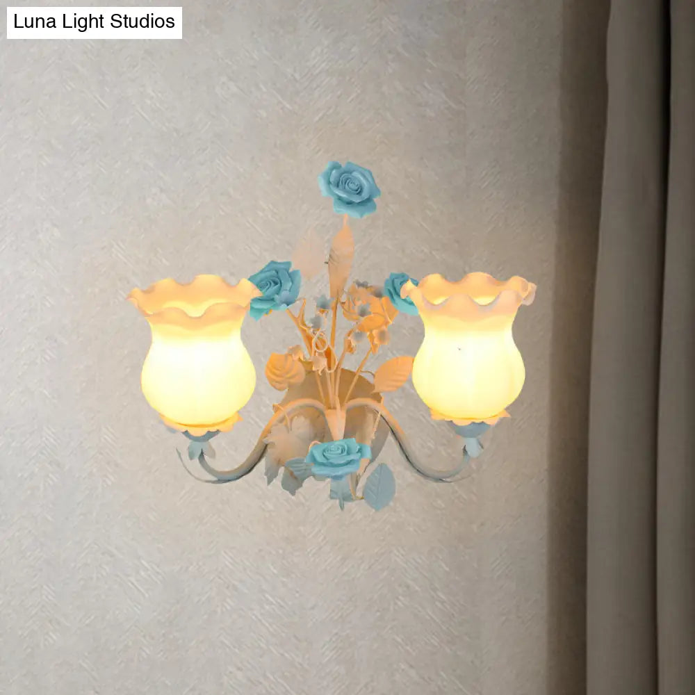 Pastoral Metal Curvy Arm Bedroom Sconce Light: 2-Head Flower Wall Lighting Fixture