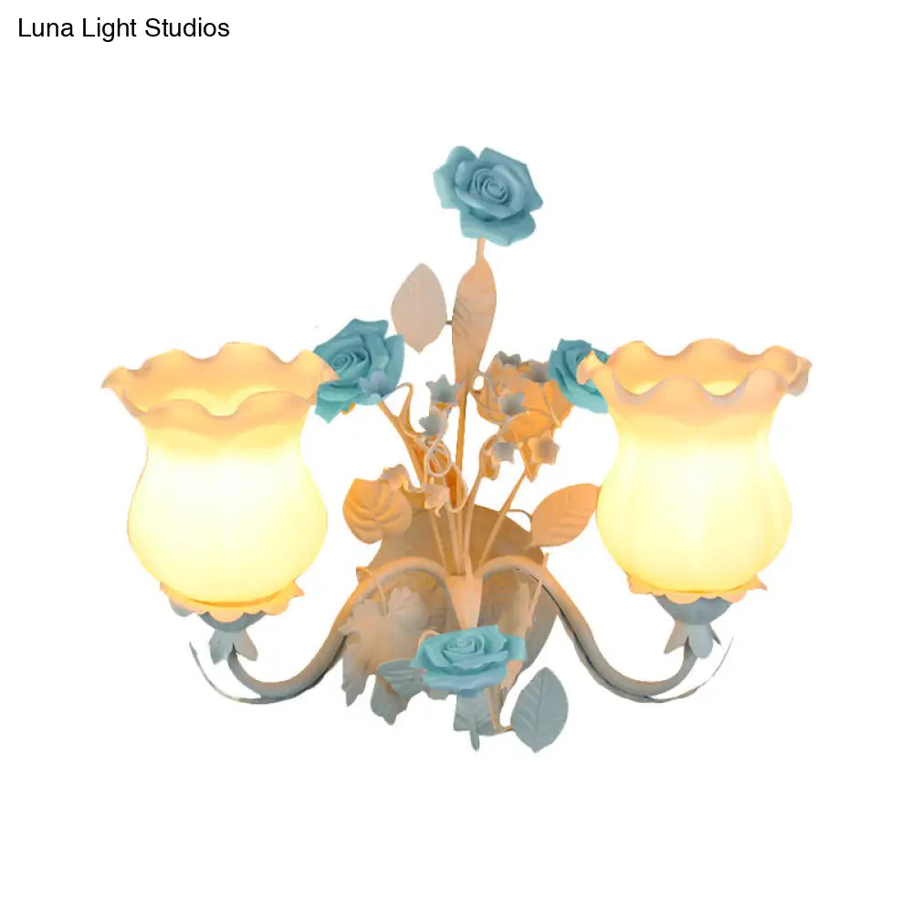 Pastoral Metal Curvy Arm Bedroom Sconce Light: 2-Head Flower Wall Lighting Fixture