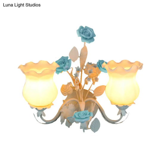 Pastoral Metal Curvy Arm Bedroom Sconce Light: 2-Head Flower Wall Lighting Fixture