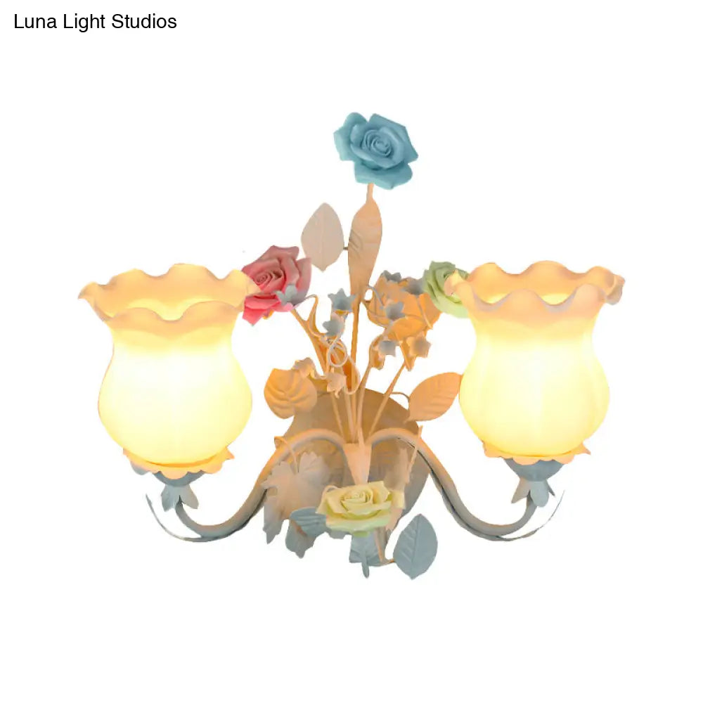 Pastoral Metal Curvy Arm Bedroom Sconce Light: 2-Head Flower Wall Lighting Fixture