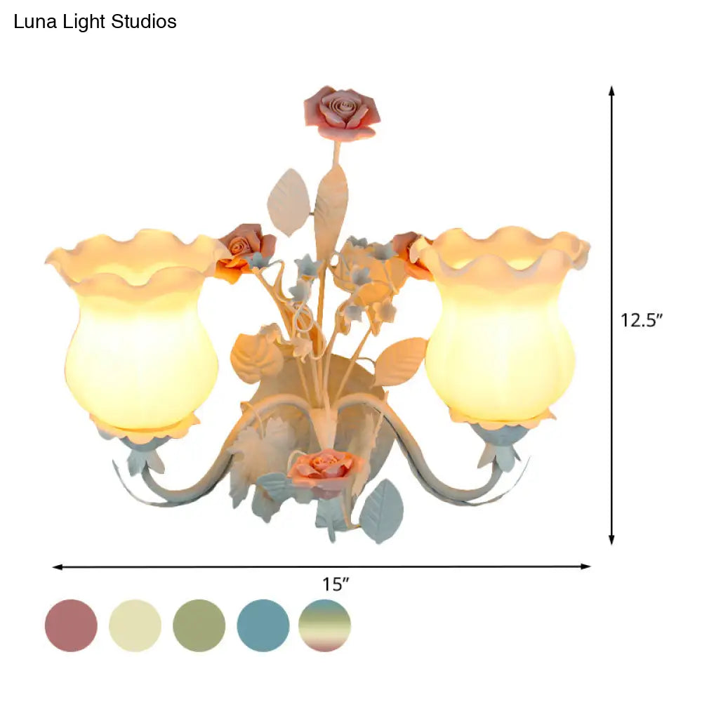 Pastoral Metal Curvy Arm Bedroom Sconce Light: 2-Head Flower Wall Lighting Fixture