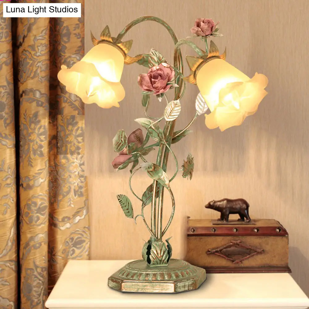 Pastoral Metal Flared Nightstand Lamp With Flower Decoration - Green