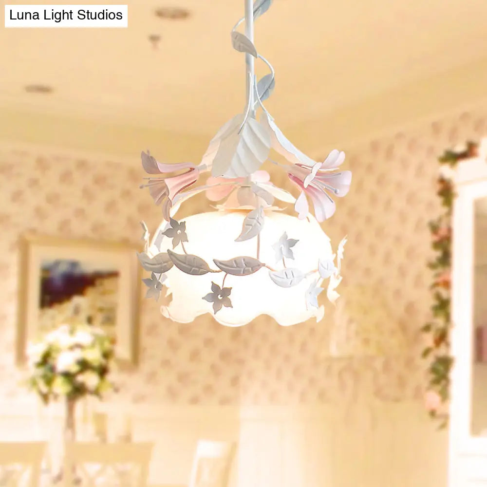 Pastoral Metal Scalloped Bedroom Ceiling Light - White Flower Suspension With 1 Bulb