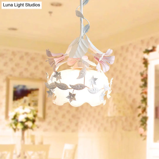 Pastoral Metal Scalloped Bedroom Ceiling Light - White Flower Suspension With 1 Bulb