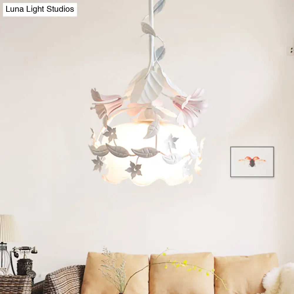 Pastoral Metal Scalloped Bedroom Ceiling Light - White Flower Suspension With 1 Bulb