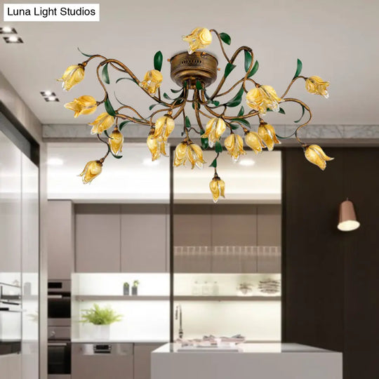 Pastoral Metal Tulip Led Brass Chandelier - Kitchen Ceiling Light With 20 Lights