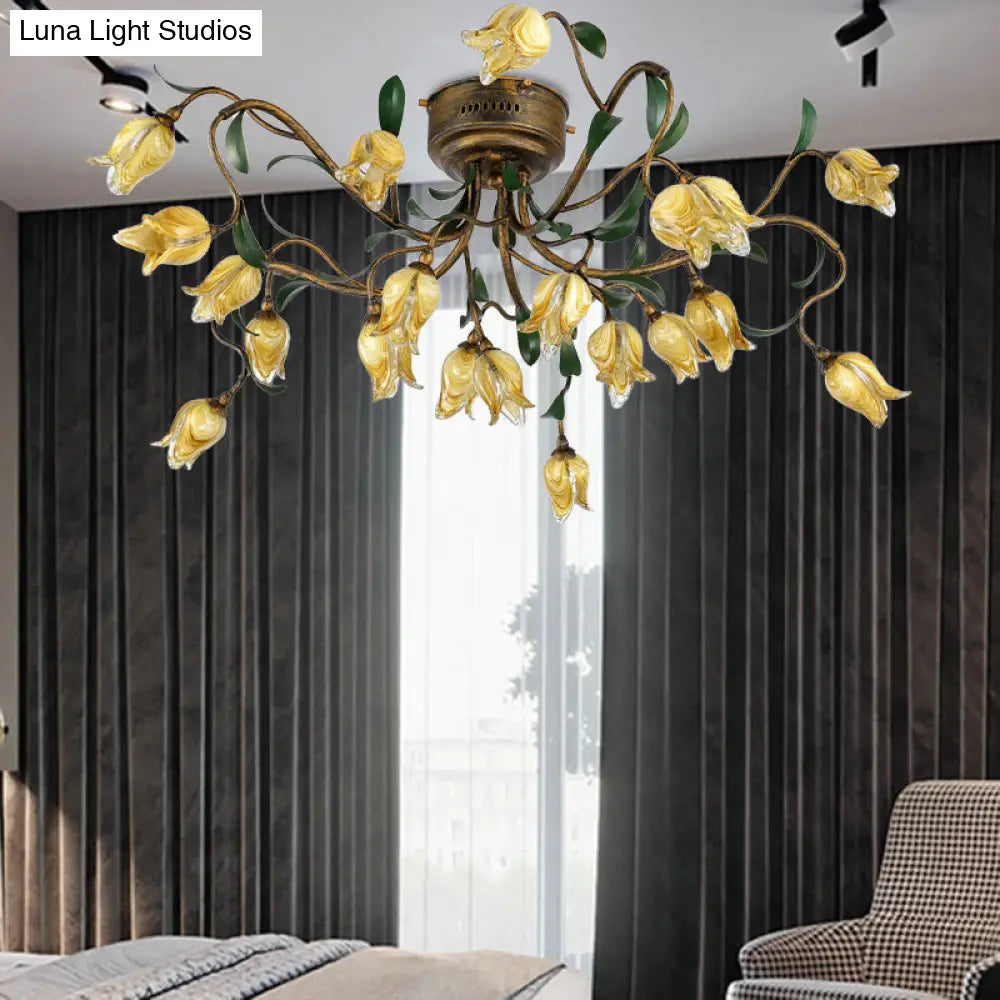 Pastoral Metal Tulip Led Brass Chandelier - Kitchen Ceiling Light With 20 Lights