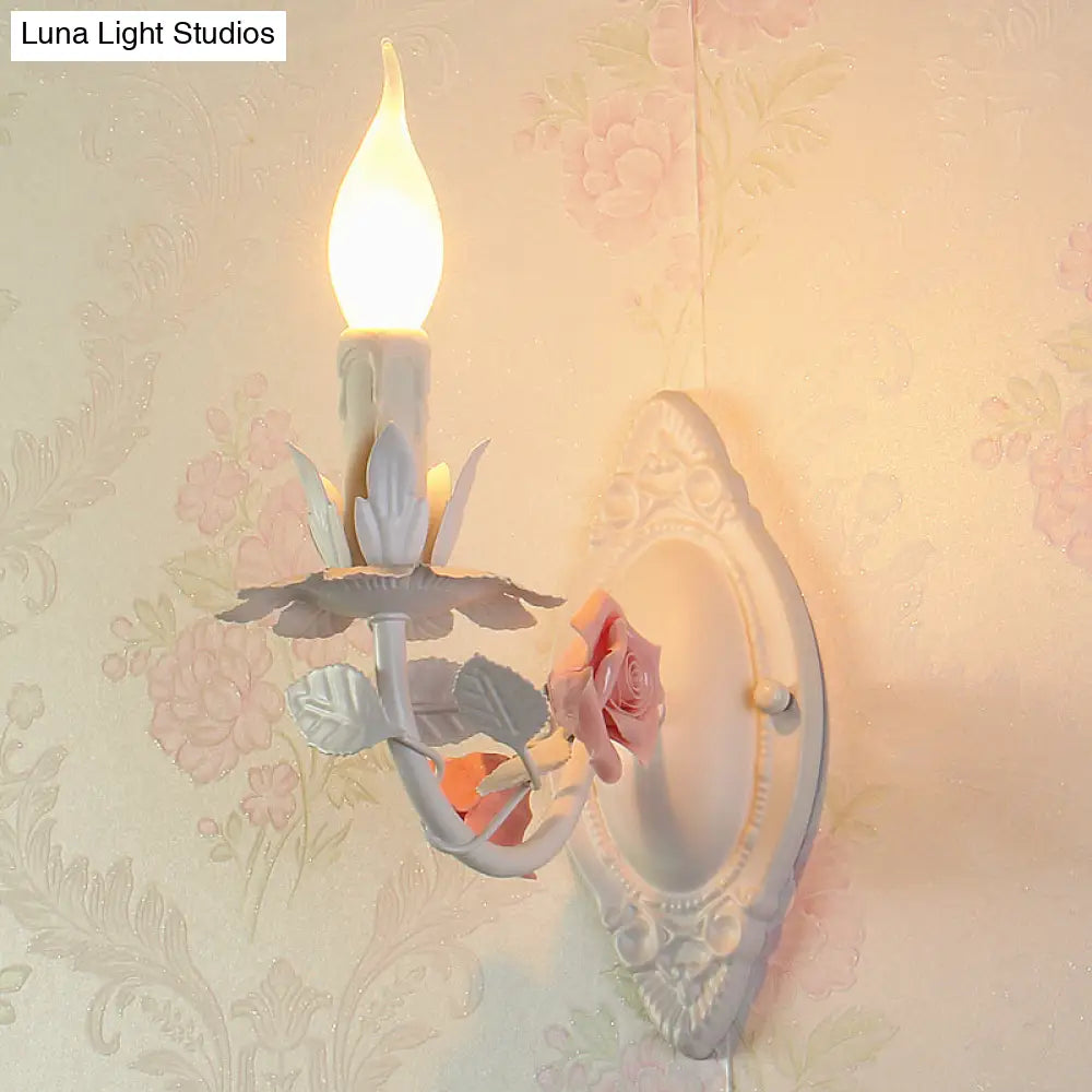Pastoral Metallic Candle Wall Sconce: Blue/Pink 1-Light Lamp With Flower Deco