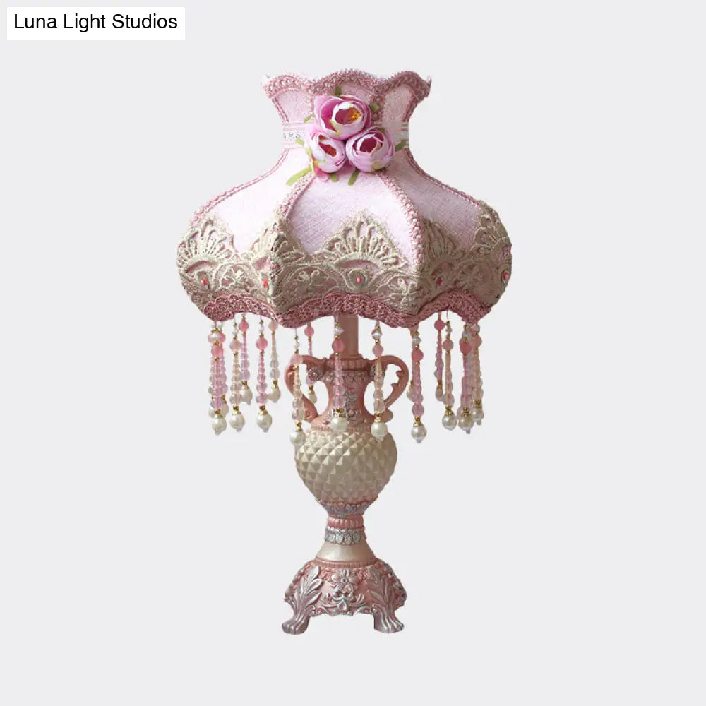 Pastoral Pink Beaded Nightstand Lamp With Urn Resin Base - 1 Bulb Table Light For Bedroom