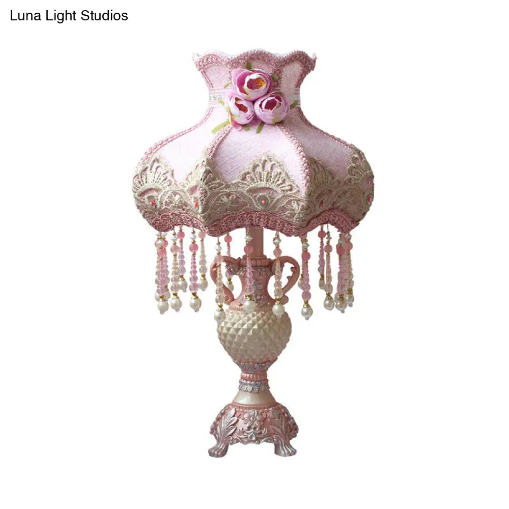 Pastoral Pink Beaded Nightstand Lamp With Urn Resin Base - 1 Bulb Table Light For Bedroom