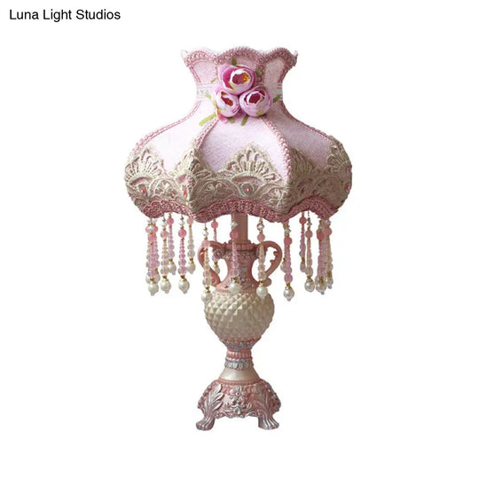 Pastoral Pink Beaded Nightstand Lamp With Urn Resin Base - 1 Bulb Table Light For Bedroom