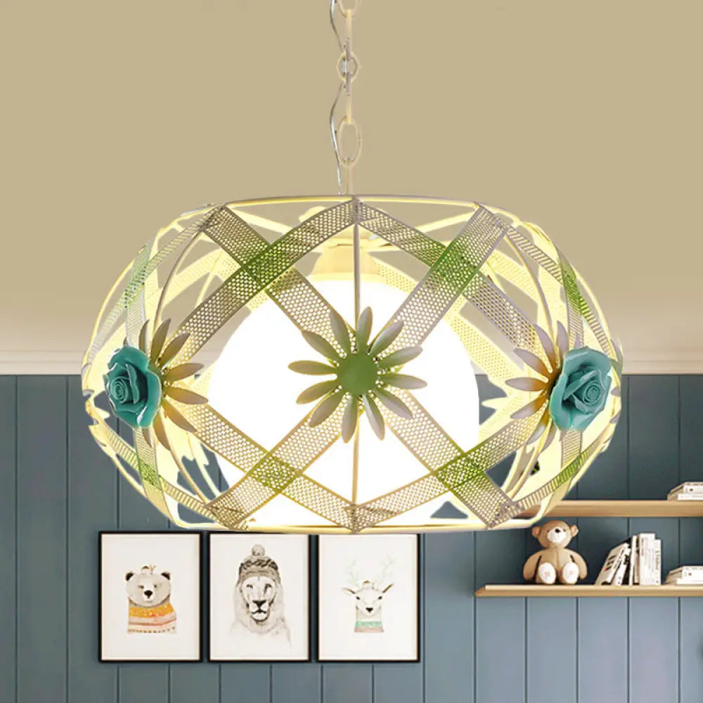 Pastoral Pink/Blue Iron Hanging Lamp: Ribbon Strap Pendant Light With Glass Shade Blue