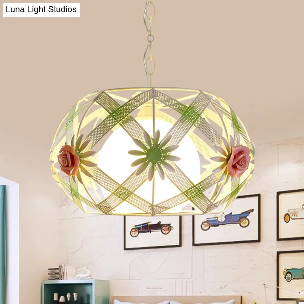 Pastoral Pink/Blue Iron Hanging Lamp: Ribbon Strap Pendant Light With Glass Shade