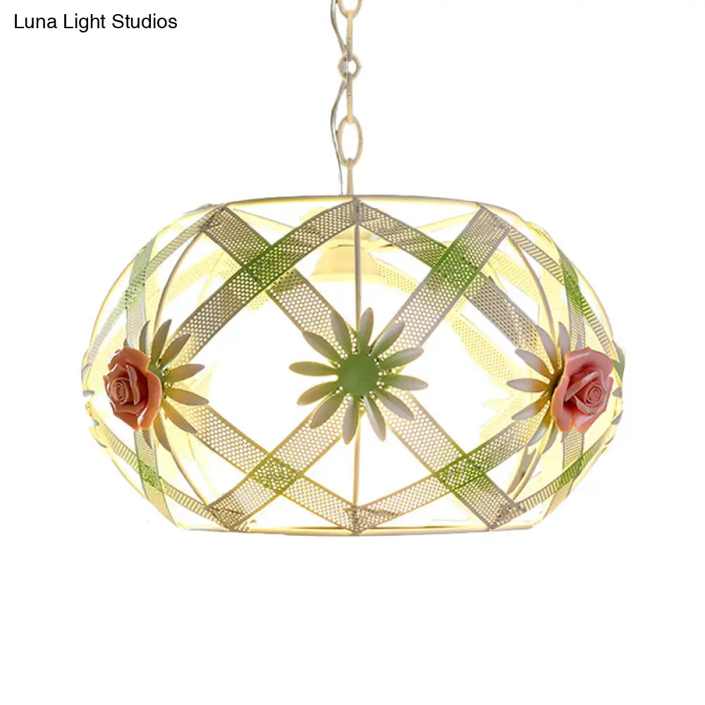 Pastoral Pink/Blue Iron Hanging Lamp: Ribbon Strap Pendant Light With Glass Shade