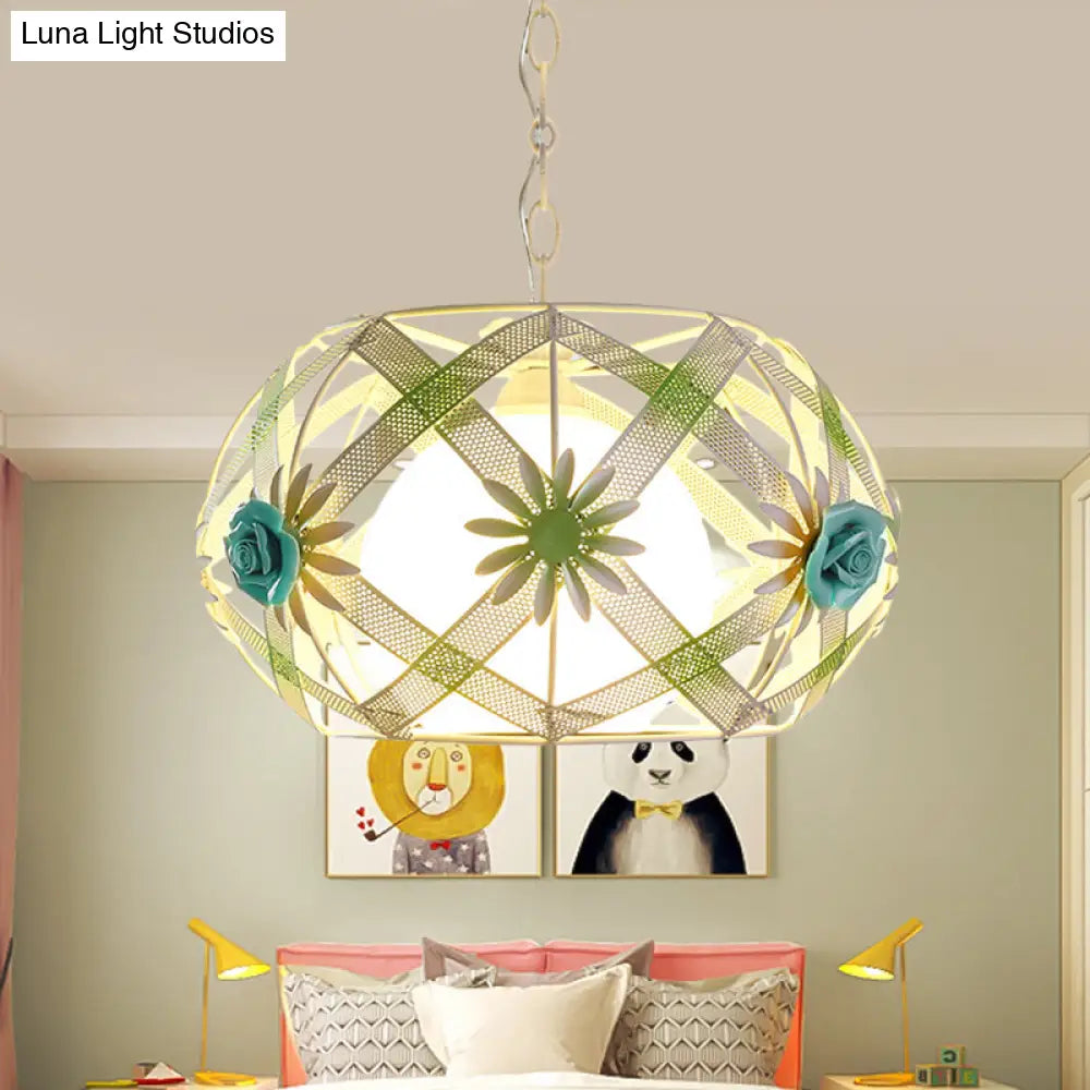 Pastoral Pink/Blue Iron Hanging Lamp: Ribbon Strap Pendant Light With Glass Shade