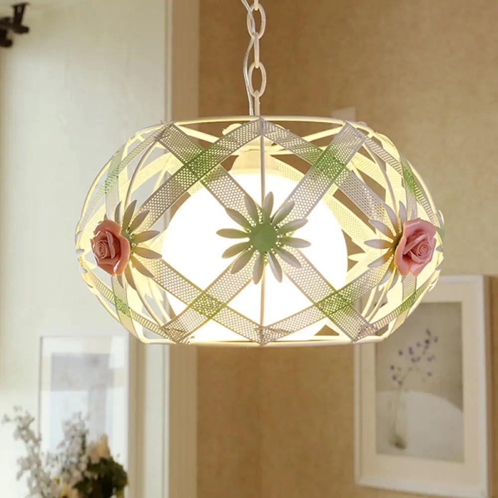 Pastoral Pink/Blue Iron Hanging Lamp: Ribbon Strap Pendant Light With Glass Shade Pink