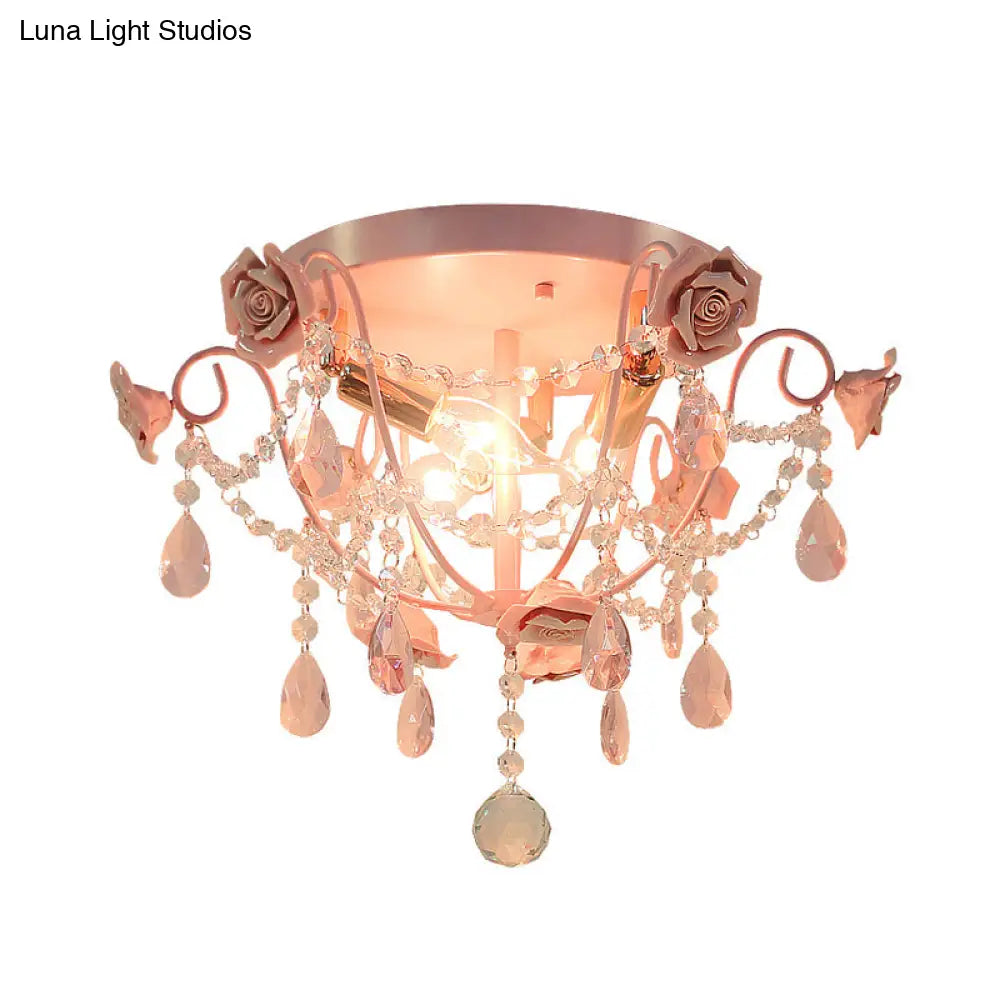 Pastoral Pink Crystal Flush Mount Ceiling Light With Exposed Bulbs - 3 Heads