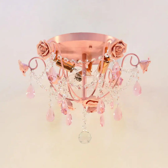 Pastoral Pink Crystal Flush Mount Ceiling Light With Exposed Bulbs - 3 Heads