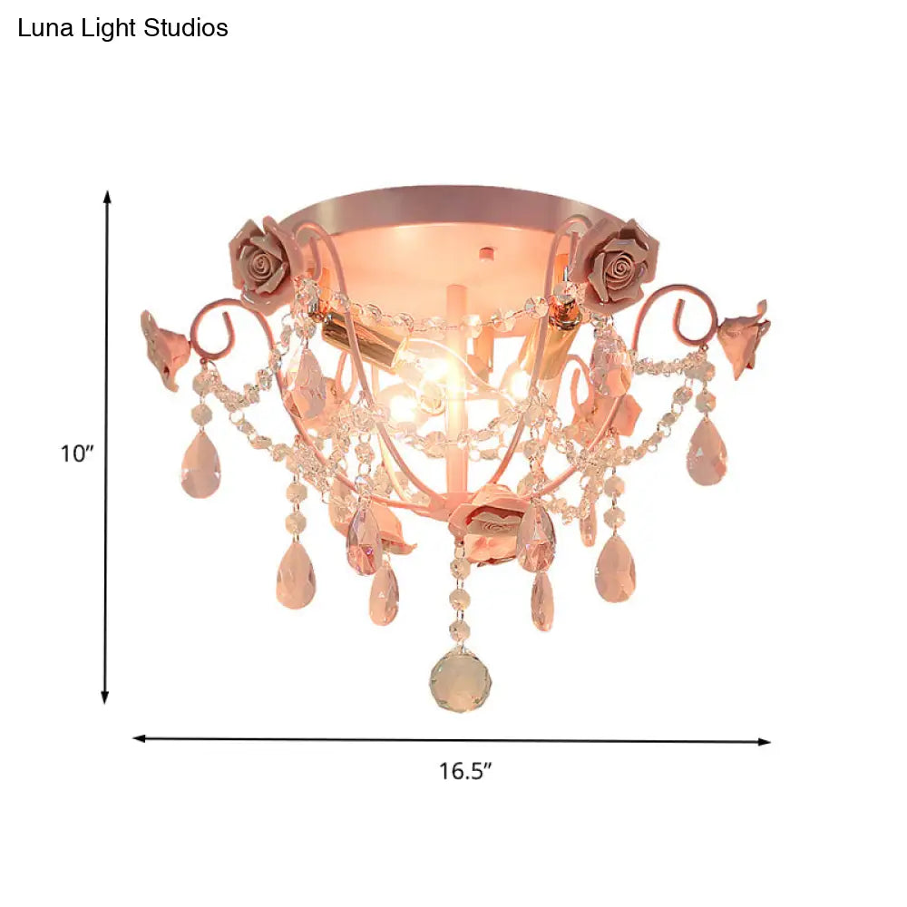 Pastoral Pink Crystal Flush Mount Ceiling Light With Exposed Bulbs - 3 Heads