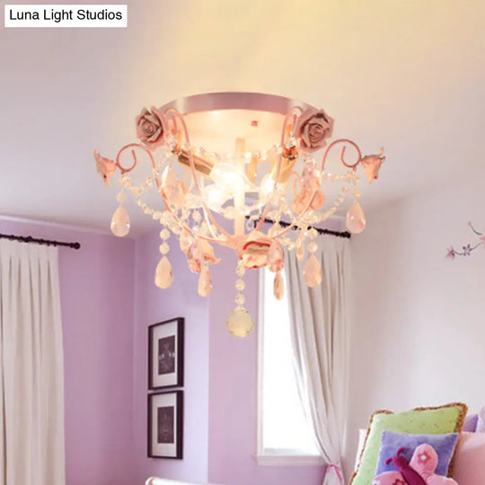 Pastoral Pink Crystal Flush Mount Ceiling Light With Exposed Bulbs - 3 Heads