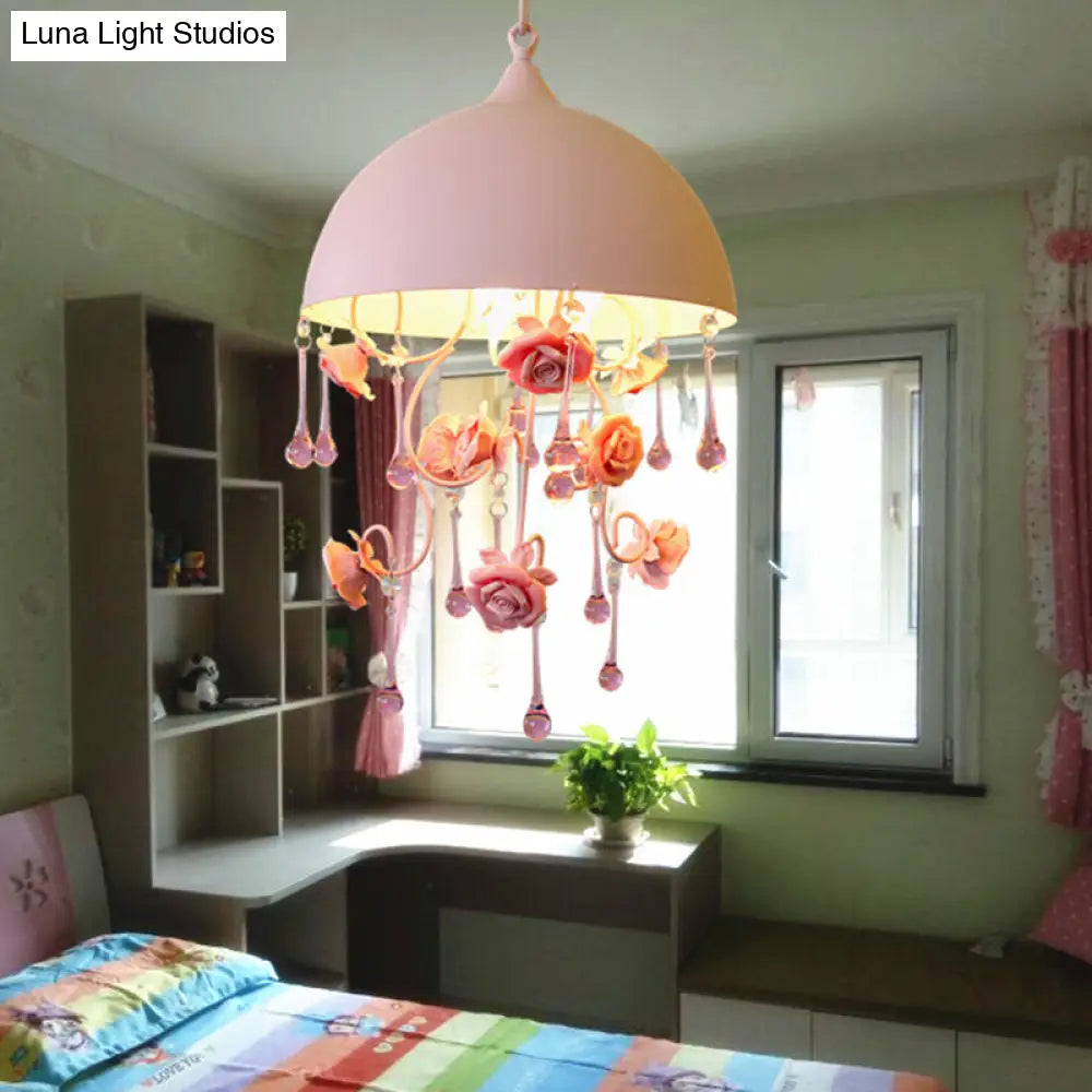 Pink Metal Rose Pendant Lamp - Pastoral 1 Light Domed Hanging Fixture For Living Room