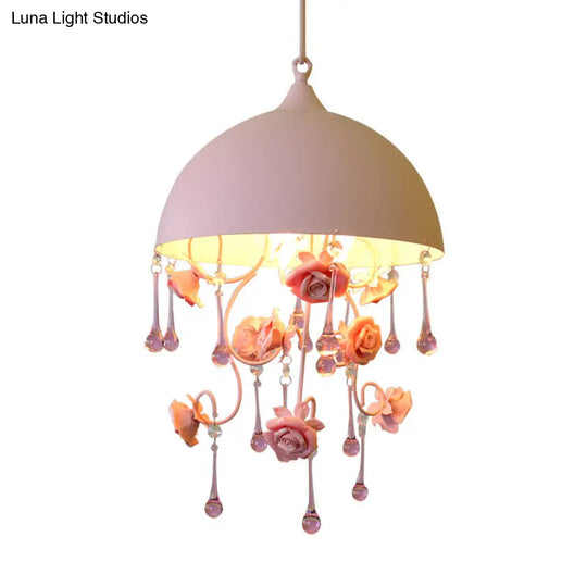 Pink Metal Rose Pendant Lamp - Pastoral 1 Light Domed Hanging Fixture For Living Room