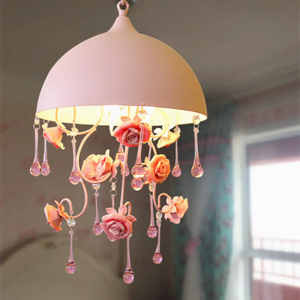 Pastoral Pink Metal Rose Pendant Lamp - Stylish Hanging Light Fixture For Living Room