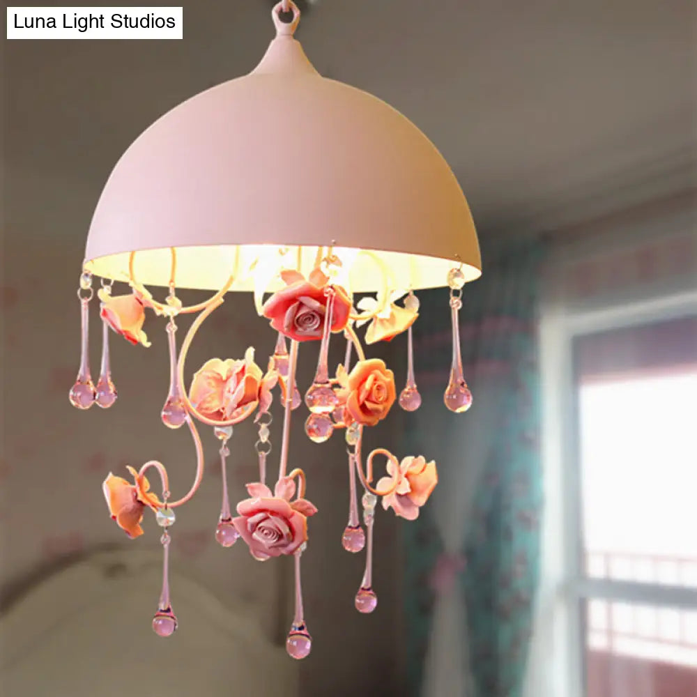 Pink Metal Rose Pendant Lamp - Pastoral 1 Light Domed Hanging Fixture For Living Room