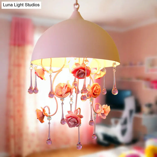 Pastoral Pink Metal Rose Pendant Lamp - Stylish Hanging Light Fixture For Living Room