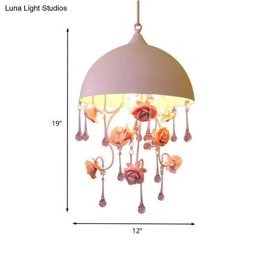 Pink Metal Rose Pendant Lamp - Pastoral 1 Light Domed Hanging Fixture For Living Room