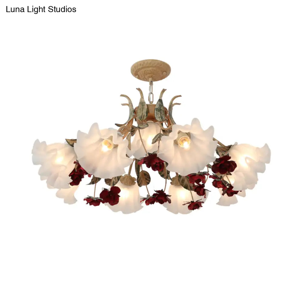 Pastoral Red Floral Glass Chandelier For Living Room Ceiling Lighting