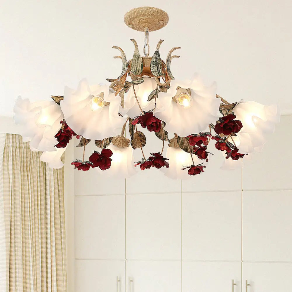 Pastoral Red Floral Glass Chandelier For Living Room Ceiling Lighting 9 /