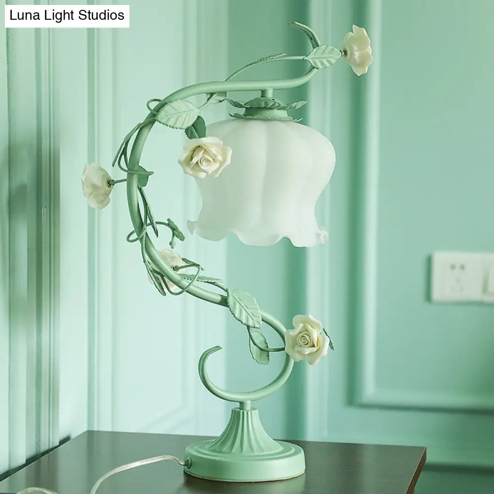 Pastoral Rose Ceramic Lamp W/ Cream Glass Shade - Elegant Living Room Table Light