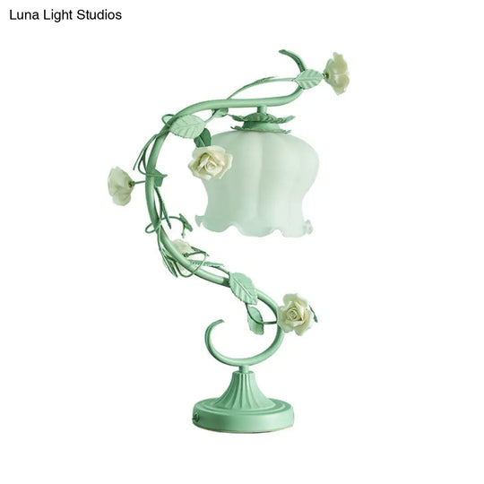 Pastoral Rose Ceramic Lamp W/ Cream Glass Shade - Elegant Living Room Table Light