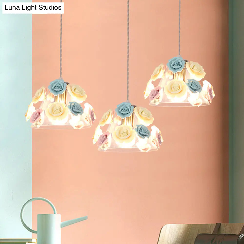 Pastoral Rose Ceramic Pendant Light: Pink-Blue Suspension Fixture For Dining Room