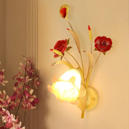 Pastoral Rose Wall Light Sconce - White Metal Lamp For Bedroom (1/2 Bulbs) 1 /