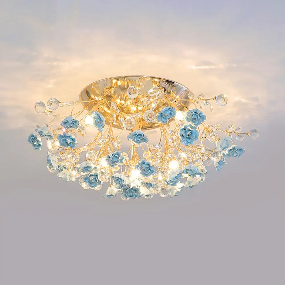 Pastoral Rosebush Ceiling Light: Ceramic Semi Flush Fixture With Crystal Accents 10 / Blue
