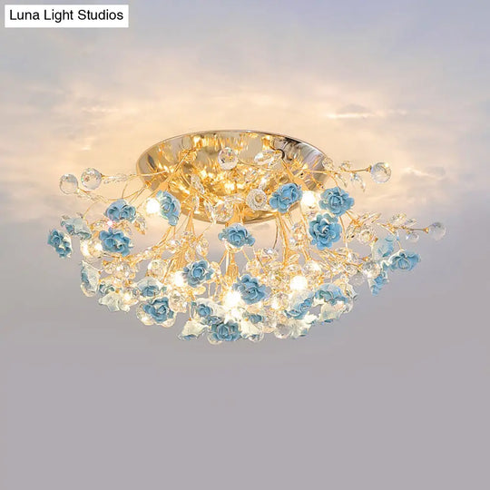 Pastoral Rosebush Ceiling Light: Ceramic Semi Flush Fixture With Crystal Accents 10 / Blue