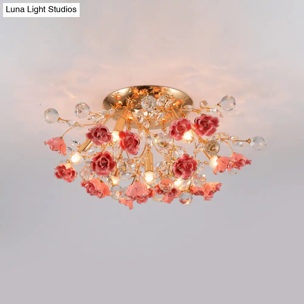 Pastoral Rosebush Ceiling Light: Ceramic Semi Flush Fixture With Crystal Accents 7 / Pink