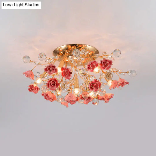 Pastoral Rosebush Ceiling Light: Ceramic Semi Flush Fixture With Crystal Accents 7 / Pink