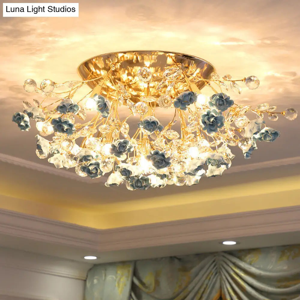 Pastoral Rosebush Ceiling Light: Ceramic Semi Flush Fixture With Crystal Accents 13 / Blue